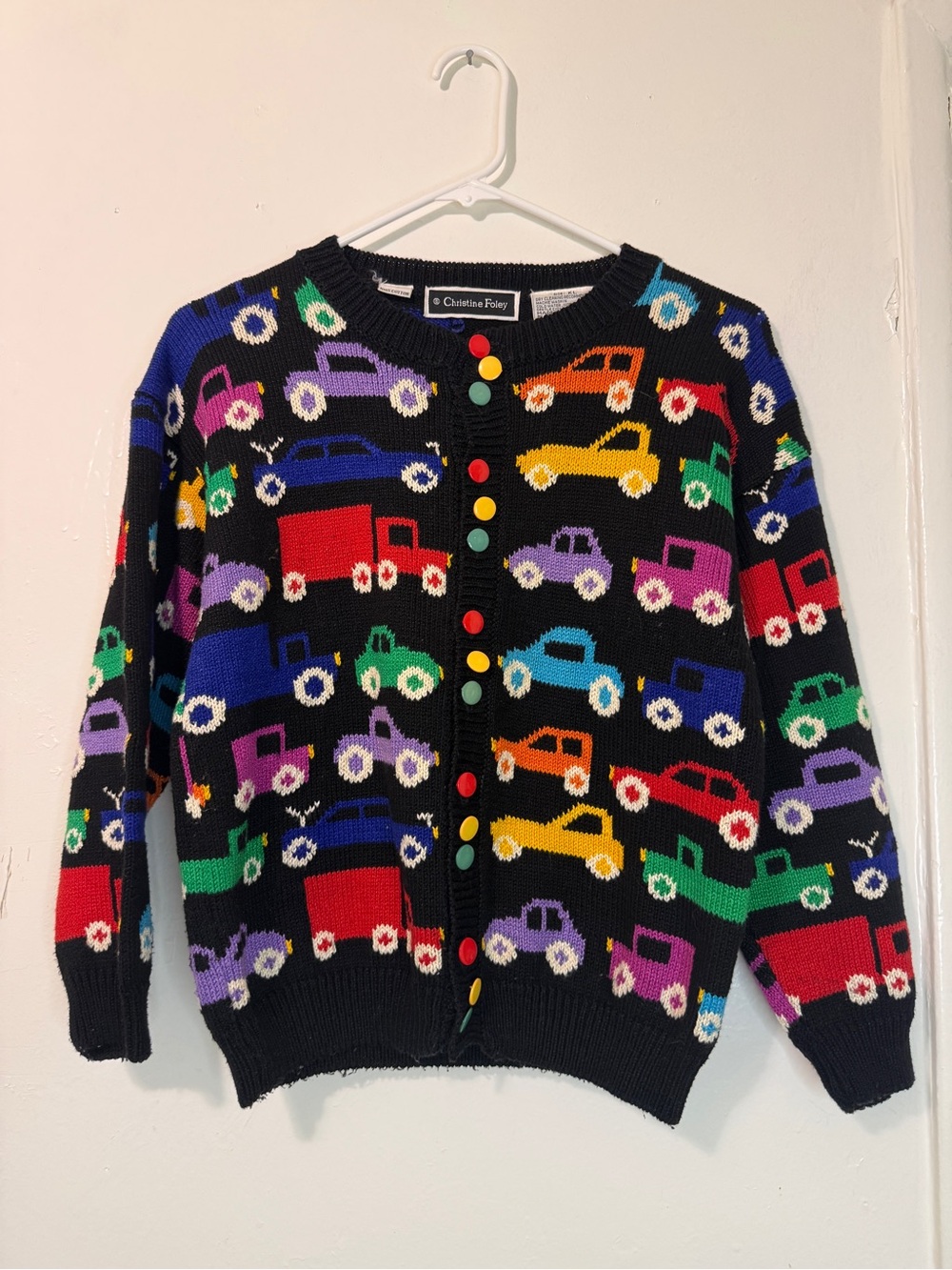 Vintage Christine Foley Car Motif Knit Cardigan - Colorful 90s Aesthetic
